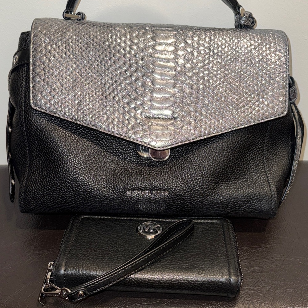 Michael Kors Black and Silver Satchel with wallet